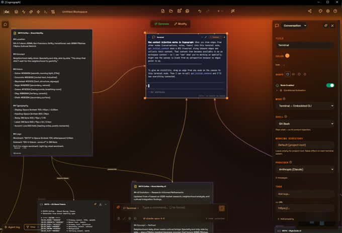Cognograph AI orchestration canvas with amber accent theme and connected workflow nodes