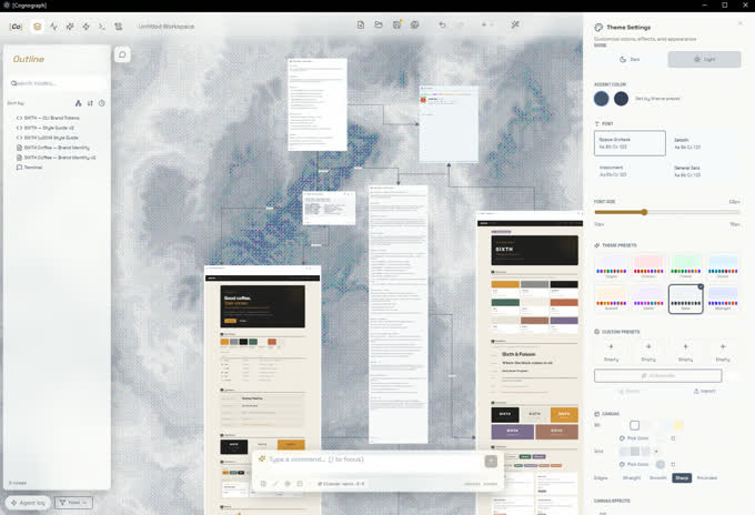 Cognograph AI workspace in light theme showing multi-node spatial layout with context connections