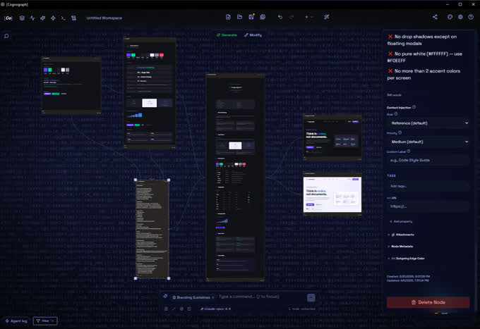 Cognograph spatial AI workspace with navy accent theme showing task and conversation nodes
