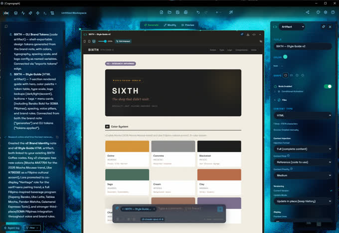 Cognograph spatial canvas with teal accent theme showing AI conversation nodes and artifact previews